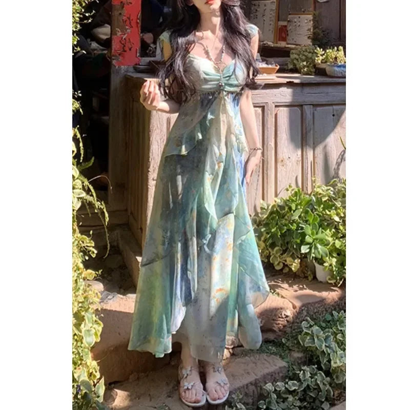 French Simple Dreamy Halter Neck Puffy Short Dress Slimming Empire Waist Mini Skirt Polyester Fiber Regular Sleeveless Dress