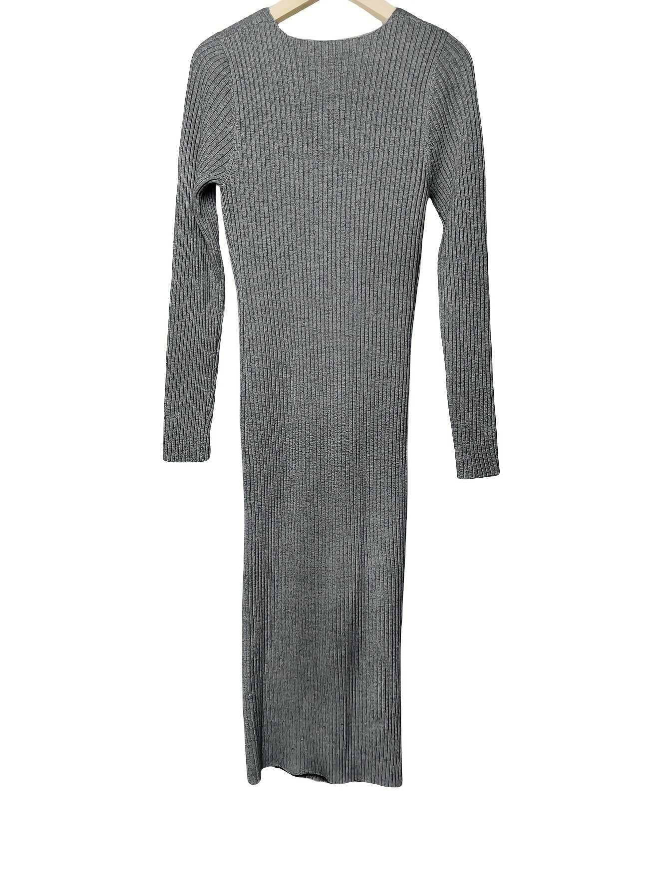 Solid Color Ribbed Long Sleeve Dress, Casual Knitted V Neck Dress For Spring & Fall, Women's Clothing