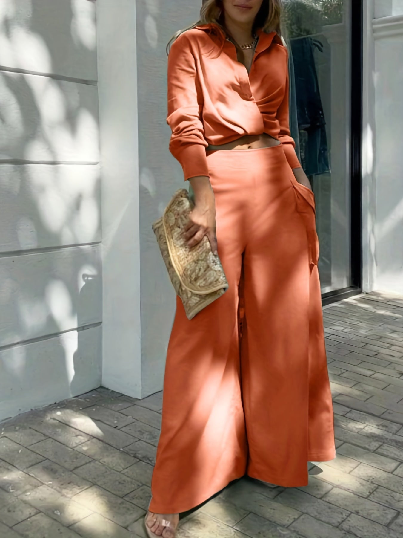 Two-piece Set, Long Sleeve Casual Matching Women's Clothing, Wide Leg Pants Outfits Blouse