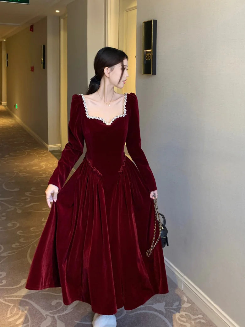 Vintage Evening Party Velvet Dresses for Woman Elegant Fashion Wedding Birthday Prom Long Sleeves Female Clothing Black Robe