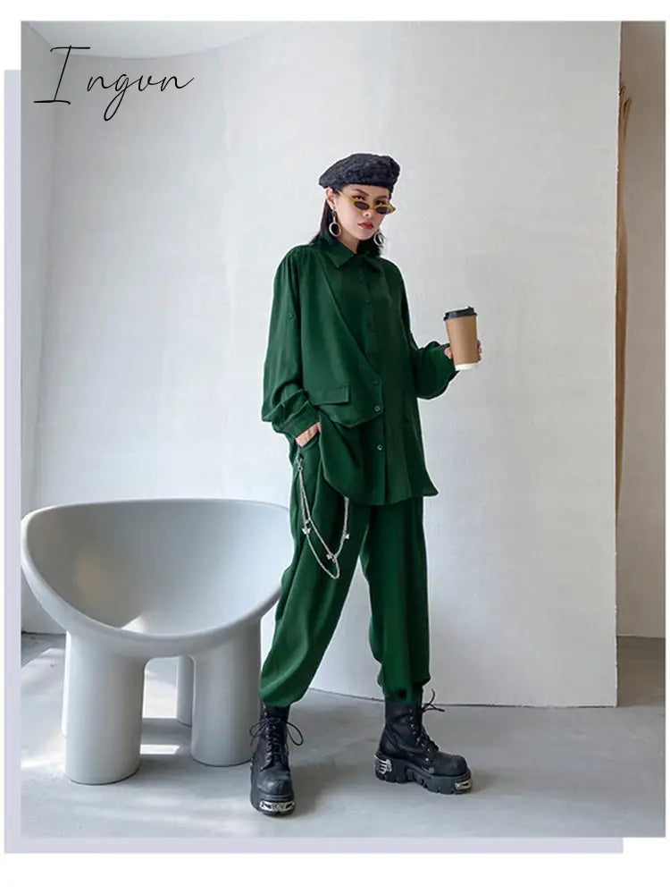 Ingvn - Wide Leg Pants Irregular Big Size Two Piece Suit New Lapel Long Sleeve Loose Fit Women Fashion Spring Autumn
