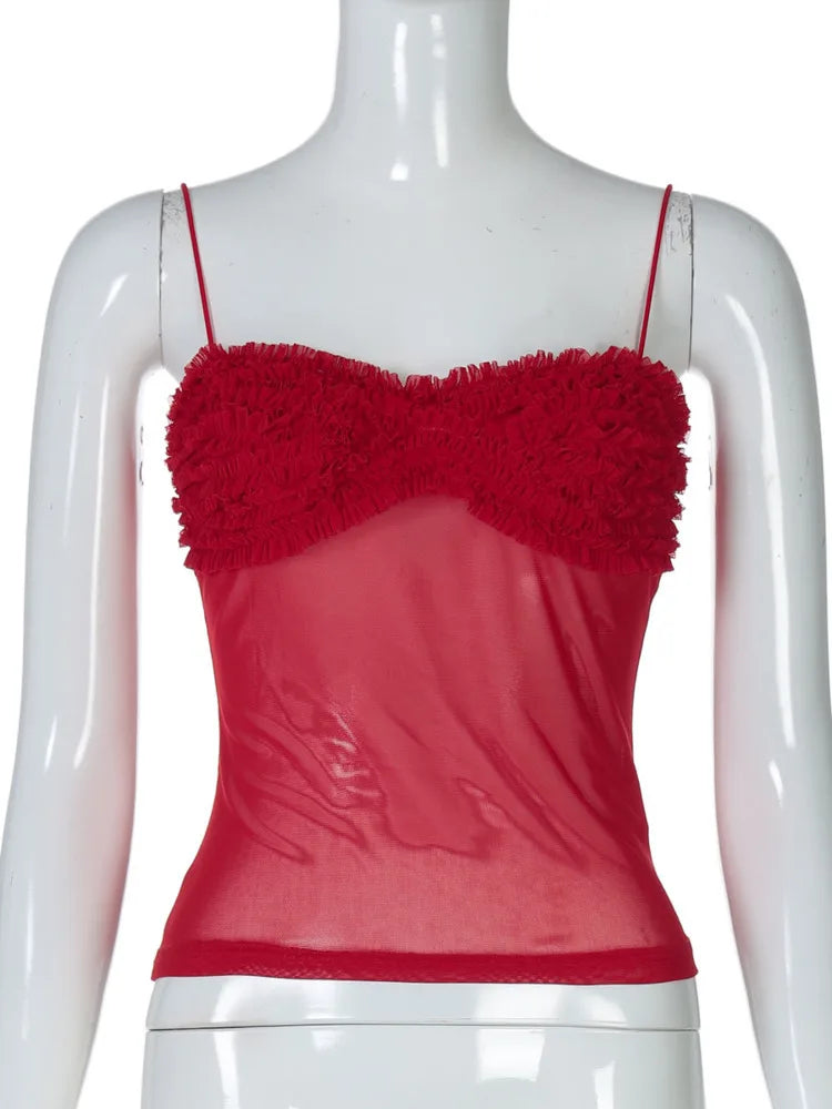 Spaghetti Strap Mesh Pleated Sexy Crop Tops Women Red Strapless Sleeveless Backless Skinny Club Tank Tops Clubwear