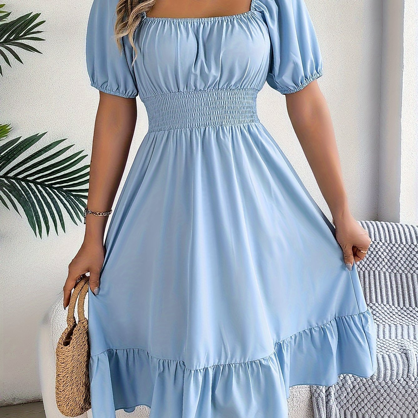 Solid Puff Sleeve Square Neck Waist Dress, Elegant Ruched Bust Ruffle Hem Dress, Women's Clothing Wedding graduation engagement occasion ceremony party holiday vacation birthday