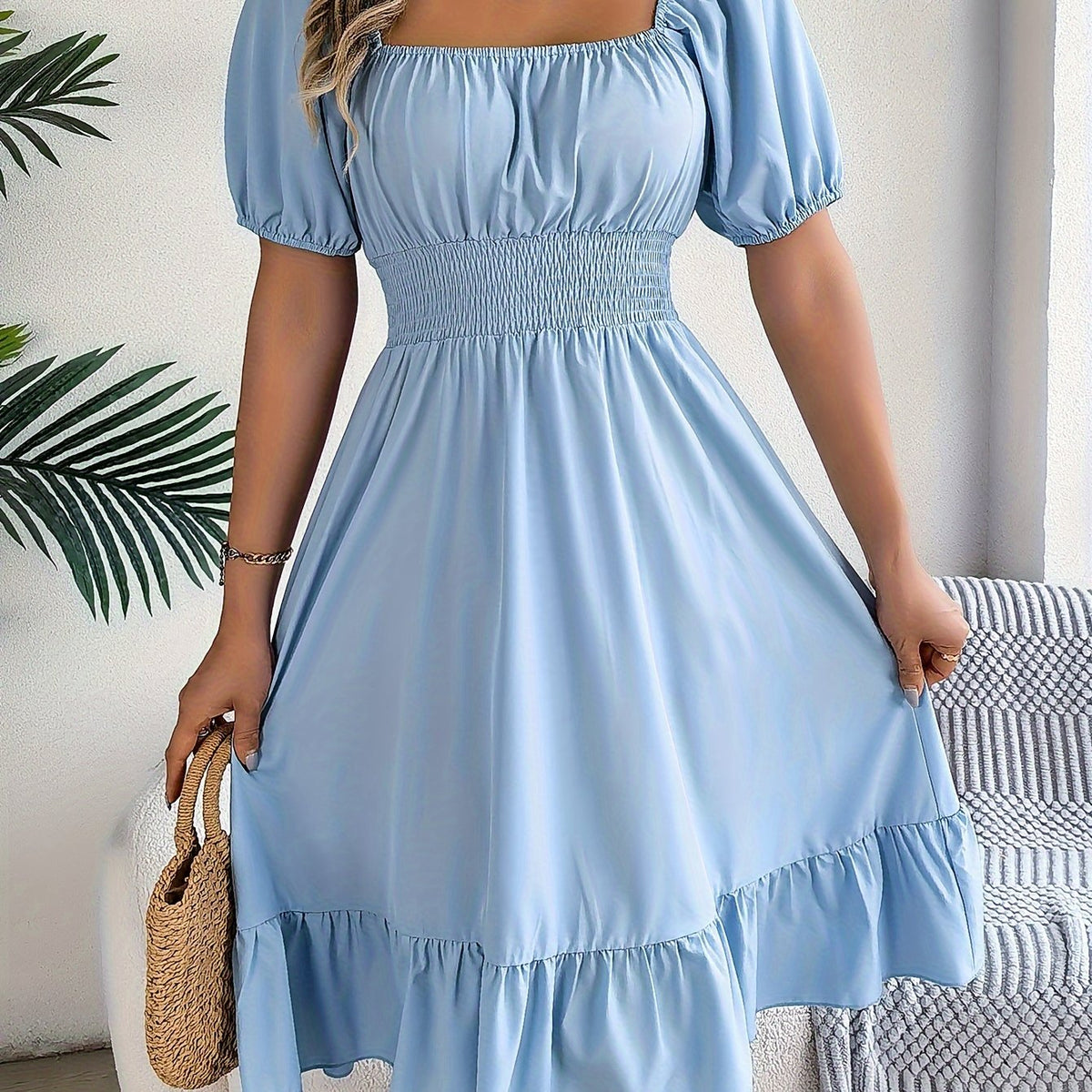 Solid Puff Sleeve Square Neck Waist Dress, Elegant Ruched Bust Ruffle Hem Dress, Women's Clothing Wedding graduation engagement occasion ceremony party holiday vacation birthday