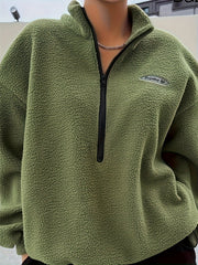 Solid Zip Front Plush Pullover Sweatshirt, Casual Long Sleeve Sweatshirt, Women's Clothing