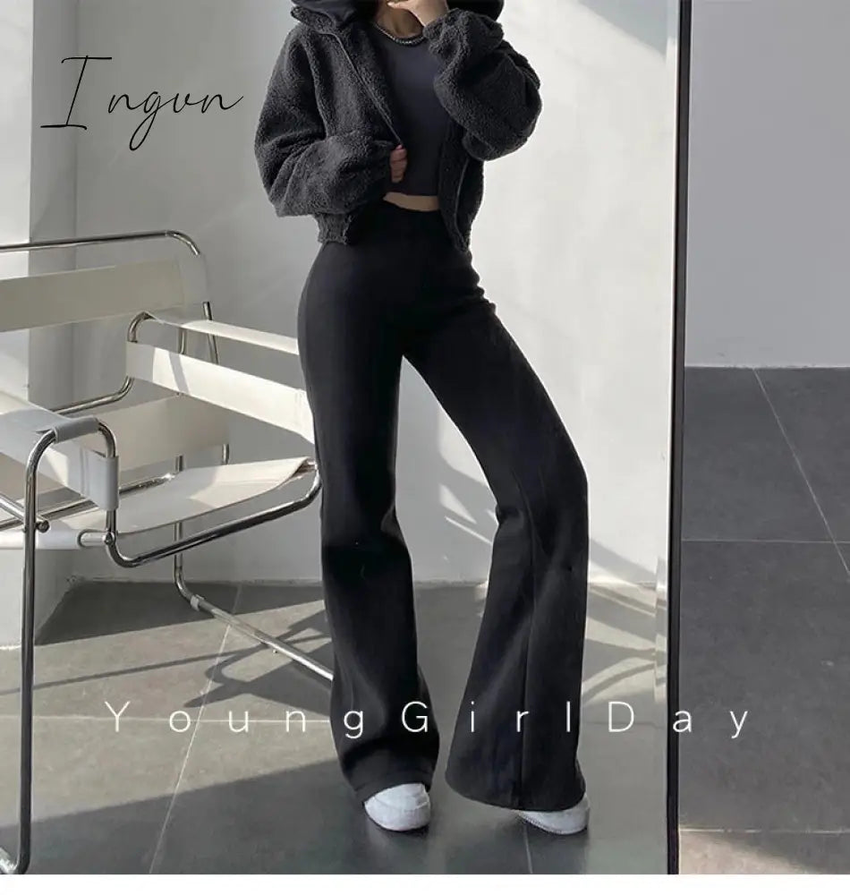 Ingvn - New High Street Elastic Waist Solid Color Flare Pants For Women Spring Autumn Thick Casual Female Trouser BSXM new years eve outfits women