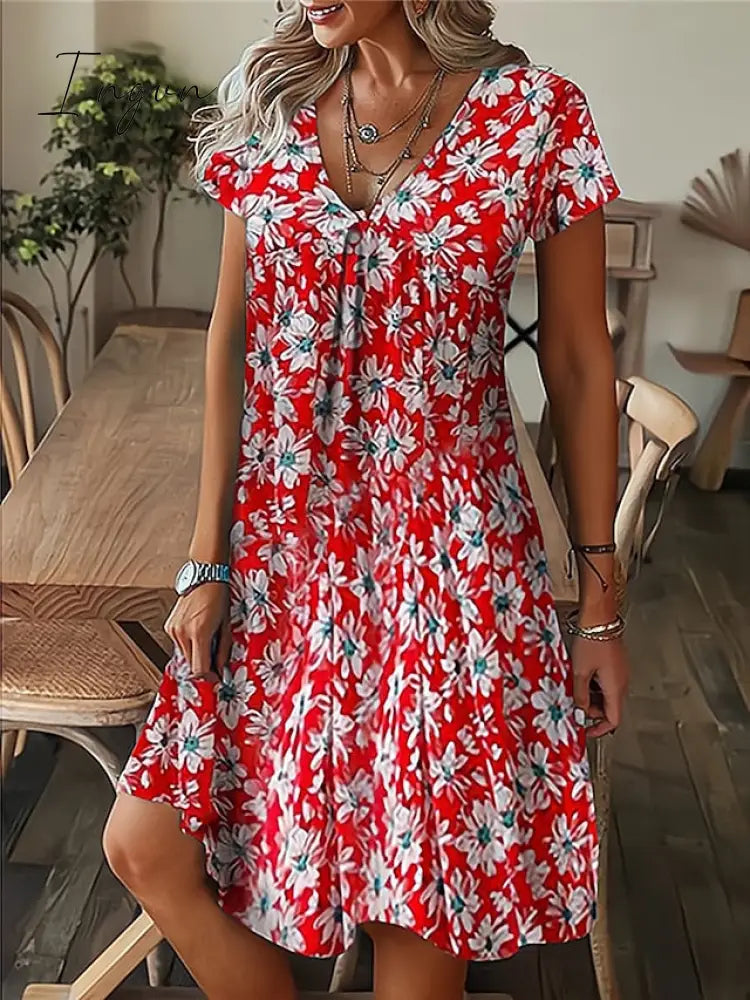 Ingvn - Women's Casual Dress Summer Dress Print Dress Leaf Floral Print V Neck Midi Dress Fashion Modern Outdoor Daily Short Sleeve Regular Fit Black White Yellow Summer Spring S M L XL XXL