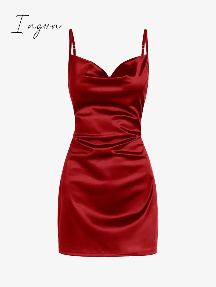 Ingvn - Women's Sexy Satin Dress Spaghetti Strap Slips Nightwear Side Slit Cocktail Party Silk Mini Dresses