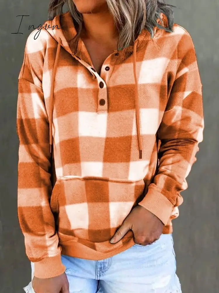 Ingvn - Women's Hoodie Sweatshirt Pullover Fashion Button Drawstring Front Pocket Red Blue Purple Plaid Casual Hoodie Long Sleeve Top Micro-elastic Fall & Winter