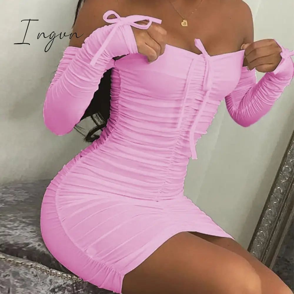 Ingvn - Summer New Sexy Off Shoulder Long Sleeve Pleated Lace Up Tight Mini Short Women's Dress
