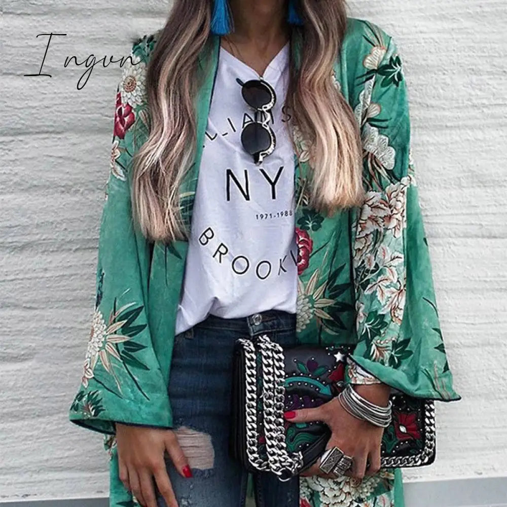 Ingvn - Chiffon Loose Shawl Kimono Long Blouse For Women Full Sleeve Floral Boho Shirts Top Ladies Girls Flower Cardigans Blusa Clothing