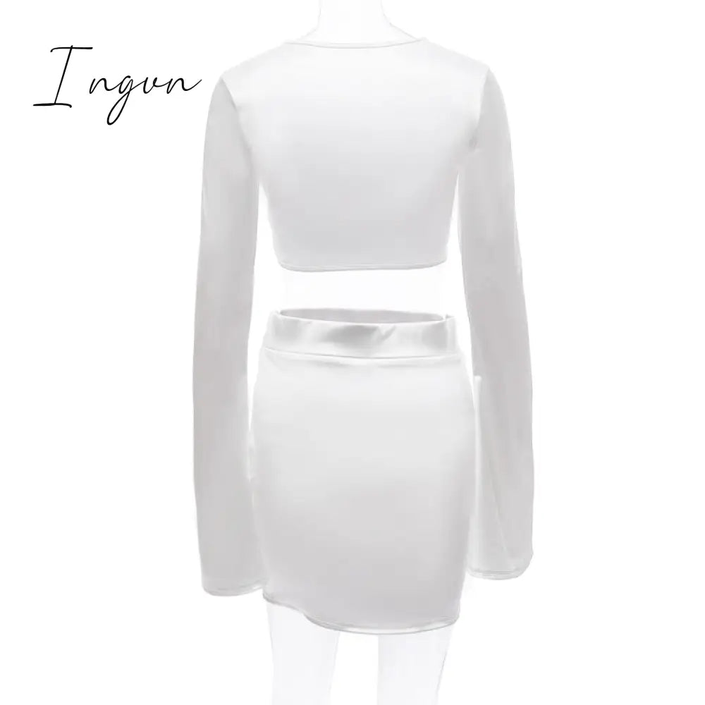 Ingvn - Satin Flare Long Sleeve 2 Two Piece Matching Set Women Crop Top Skirt Autumn Winter Birthday Fashion Sexy Clothes