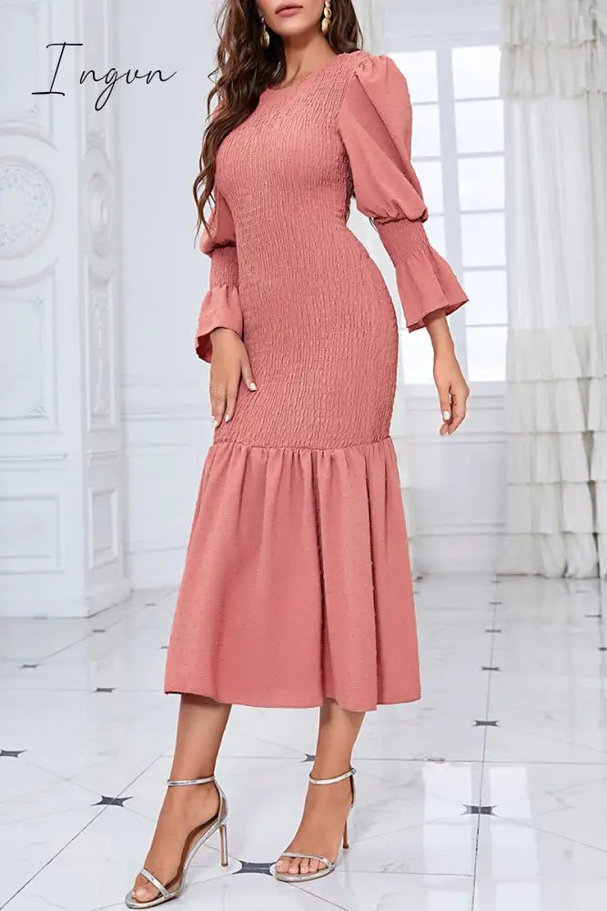 Ingvn - Elegant Solid Fold O Neck Wrapped Skirt Dresses