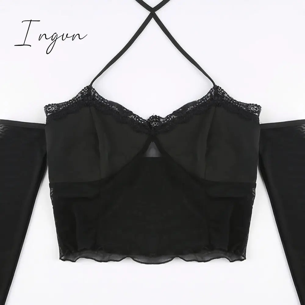 Ingvn - Hot Sell Slash Neck Sexy Black Mesh T-Shirts Women Lace Patchwork Rave Goth Clubwear Backless Halter Tie Up Spaghetti Strap Tops