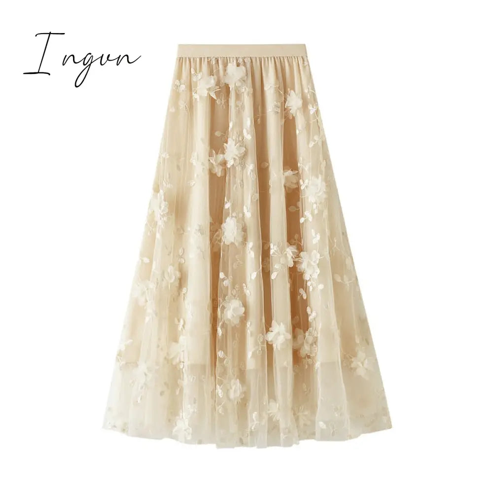 Ingvn - Luxury Woman Skirts Korean style Fashion Elastic Waist Appliques Embroidery Floral Mesh Skirt Long Gauze Ball Gown Skirt