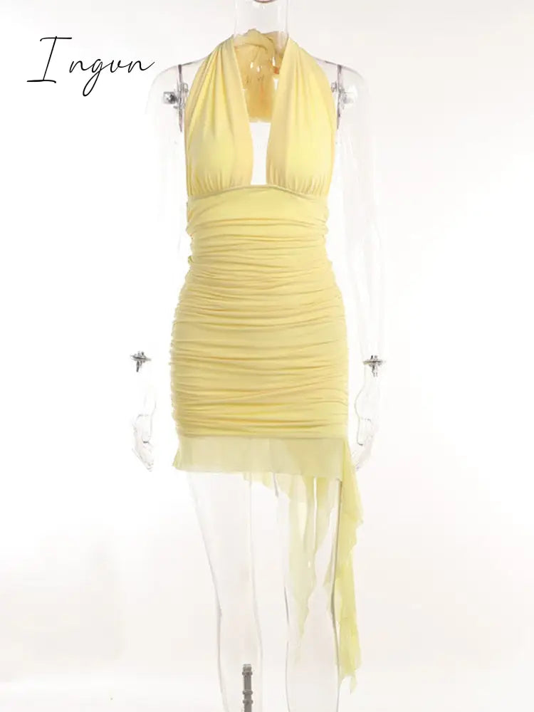 Ingvn - Elegant Irregular Mesh Mini Dress For Women Robe Halter Deep V Neck Sleeveless Backless Ruched Bodycon Sexy Dress