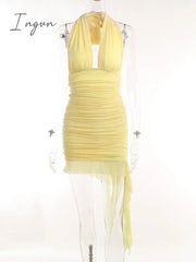Ingvn - Elegant Irregular Mesh Mini Dress For Women Robe Halter Deep V Neck Sleeveless Backless Ruched Bodycon Sexy Dress