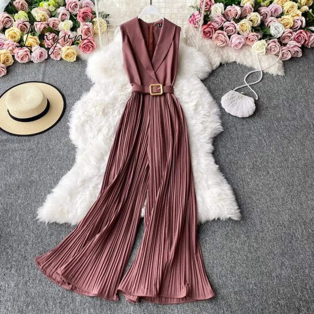 Ingvn - Vintage Notched Collar Draped Rompers For Women Casual Sleeveless High Waist Wide Leg Playsuits Female Beige/Green Jumpsuit