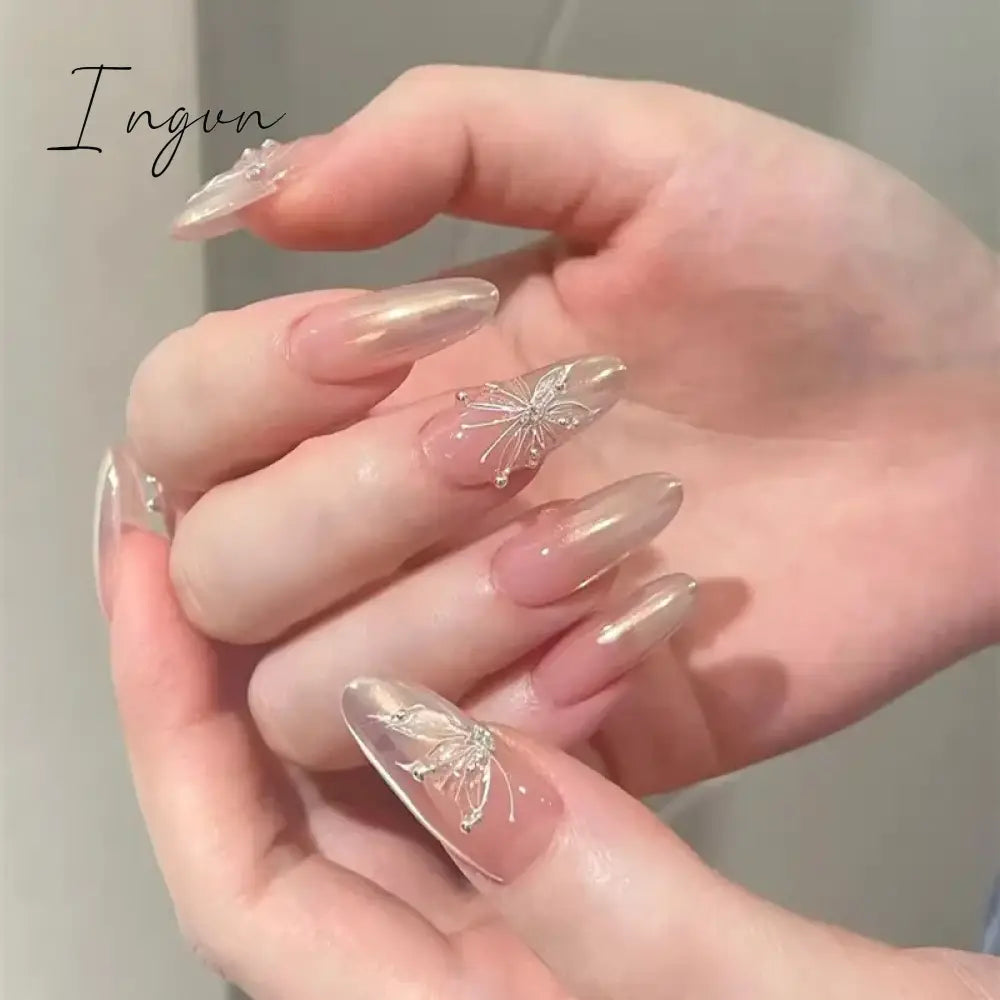 24Pcs False Nails With Glue Almond Pink Butterfly Design Detachable Rhinestones Acrylic Fake Nails long stiletto Press On Nails