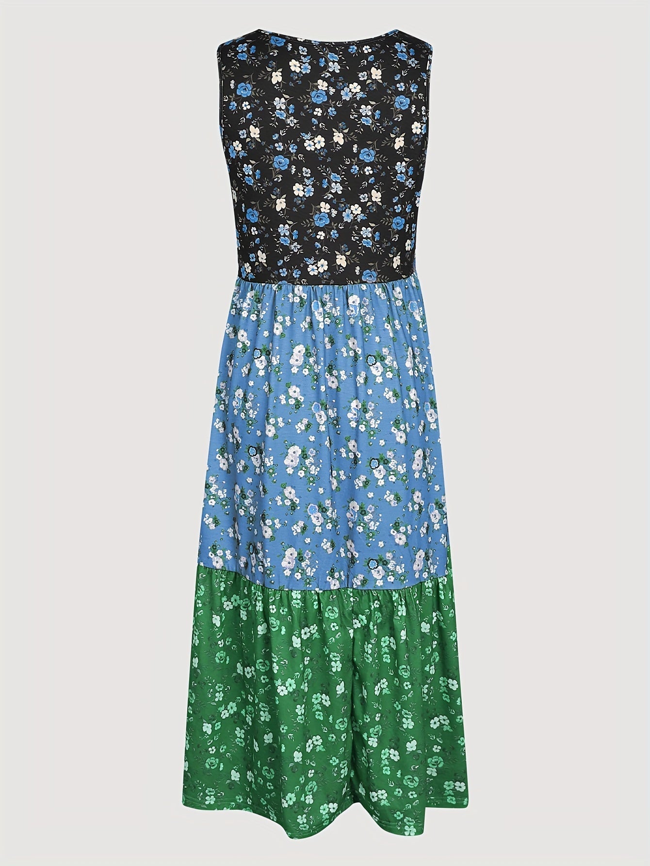 Fashionable Color Block Floral Print Tank Dress - Stylish Crew Neck, Flouncy Tiered Ruffles, Sleeveless - Versatile Casual Womens Summer Wear