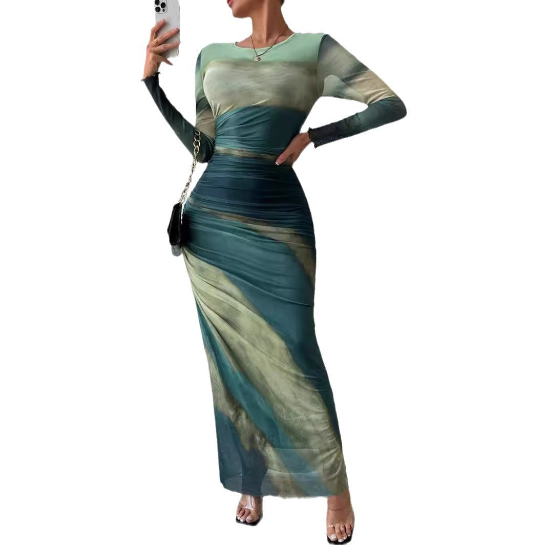 Fashion Mesh Printing Pleated Sexy Tight Split Crewneck dress