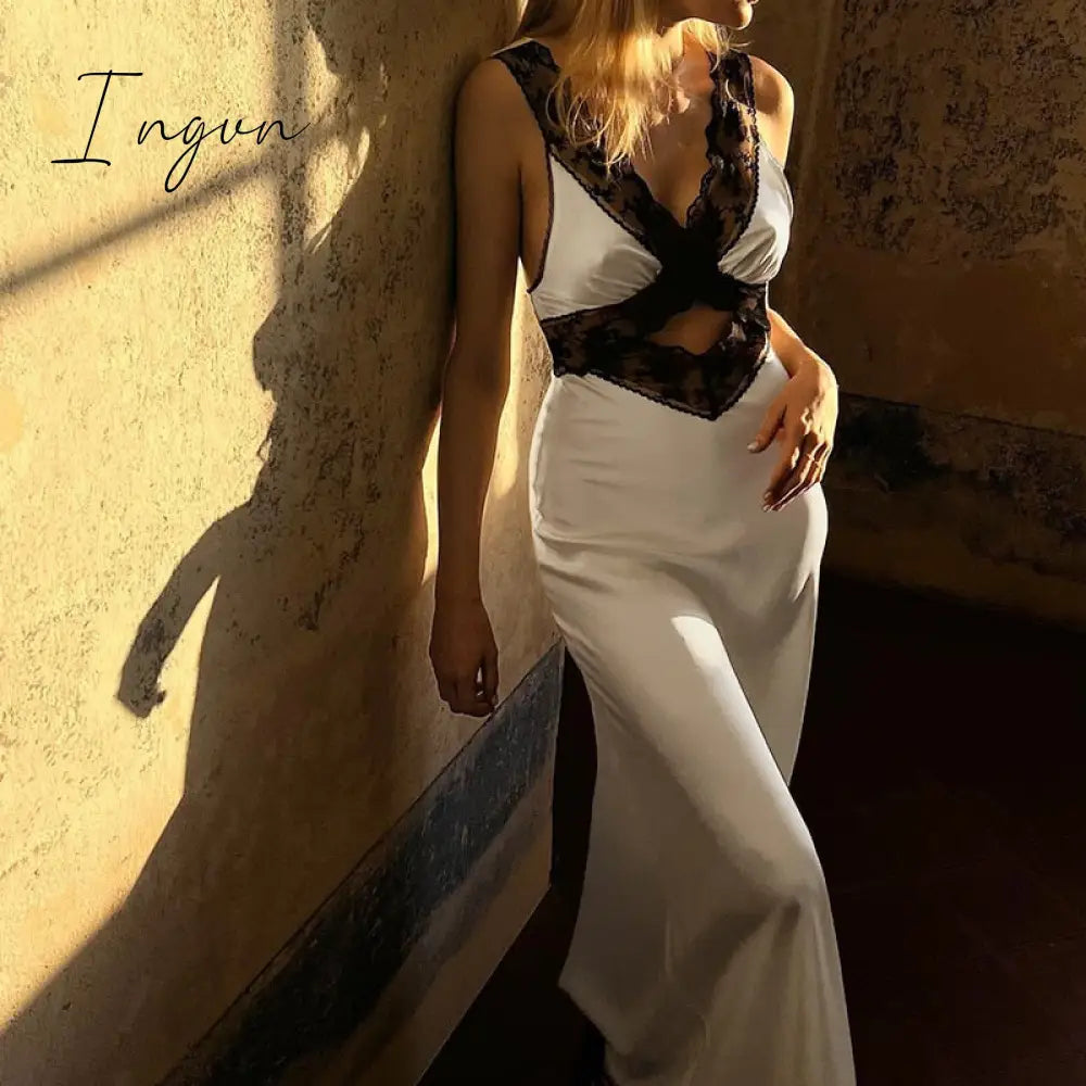 Ingvn - Elegant White Satin Maxi Dress Women Sexy Lace Patchwork Sleeveless Slim Summer Dress 2023 Hollow Out Holidays Party Dresses