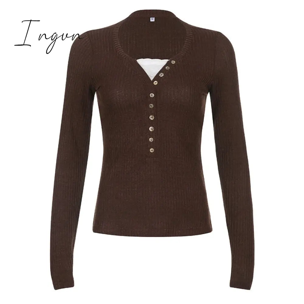 Ingvn - Womens Fashion Button Up Fairy Grunge Aesthetic Casual T-shirts Retro Y2k Ribbed Lace Patchwork Women Tops Long Sleeve Skinny Blouses