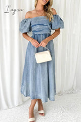 Elegant Solid Fold Off the Shoulder Short Sleeve Denim Dresses