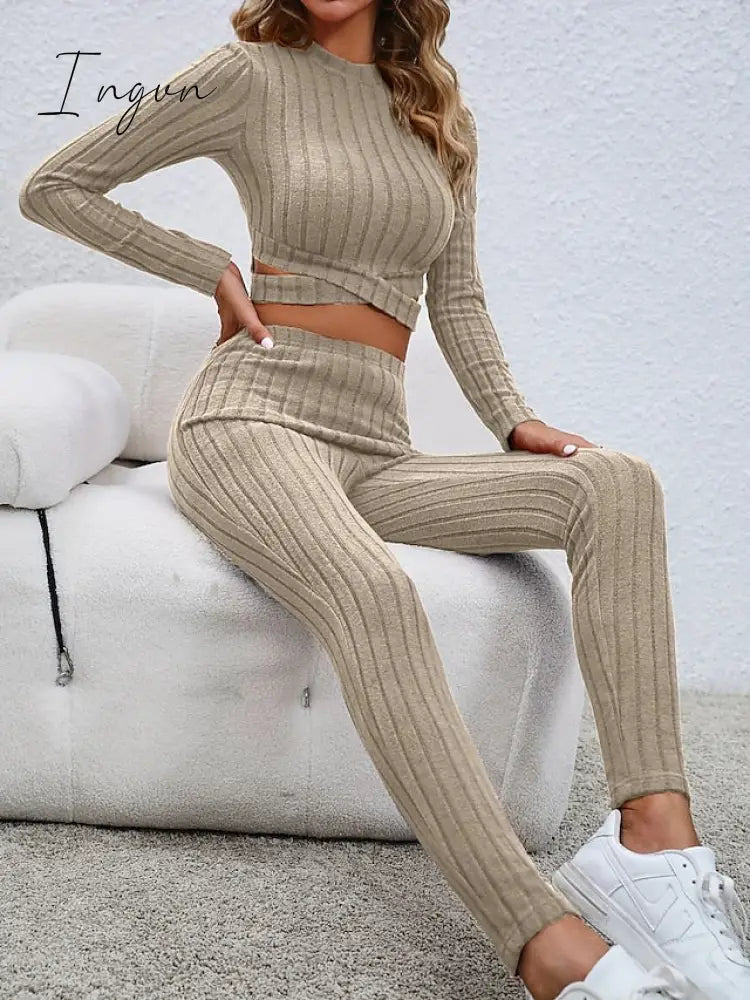 Ingvn - Women's Crop Top Pants Sets Black Red Khaki Solid Color Long Sleeve Casual Daily Fashion Round Neck Regular Fit Spring &  Fall