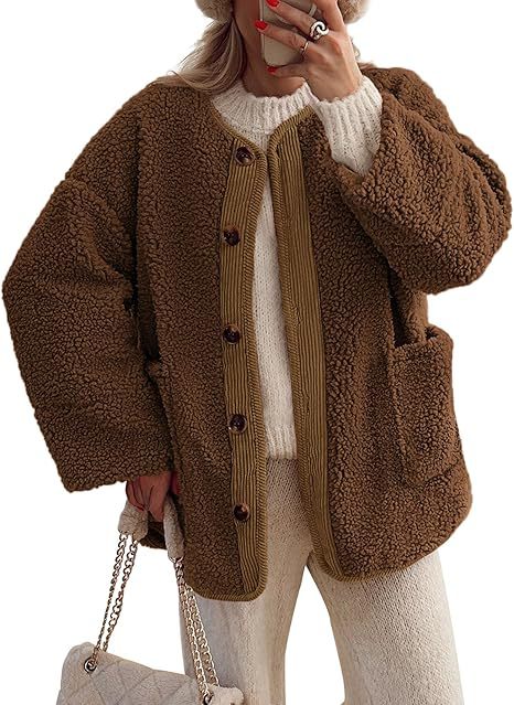 Women's Warm Winter Coat Collarless Casual Long Sleeve Button Plush Lambskin Jacket Coat