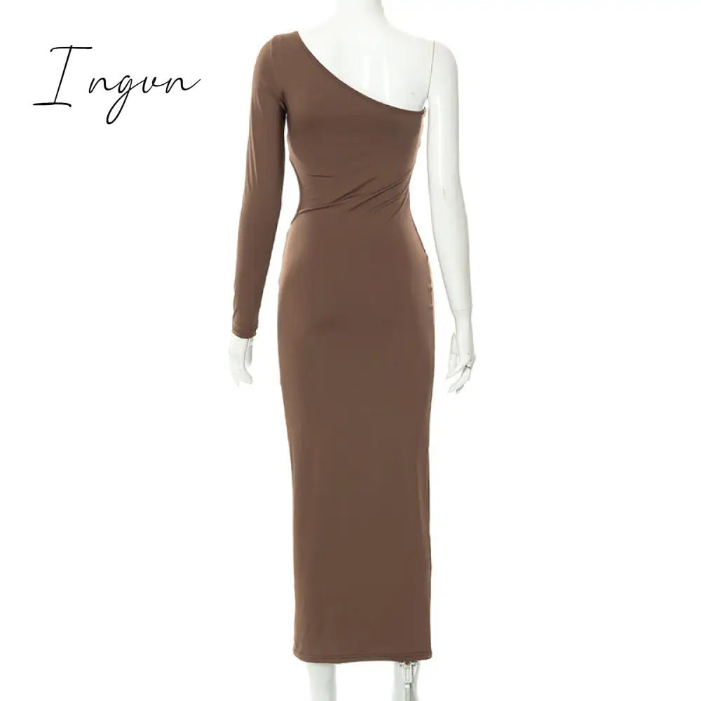 Ingvn - Long Sleeve One Shoulder Sexy Maxi Dress For Women Elegant Cut Out Party Prom Evening Bodycon Long Dresses Fall White Brown