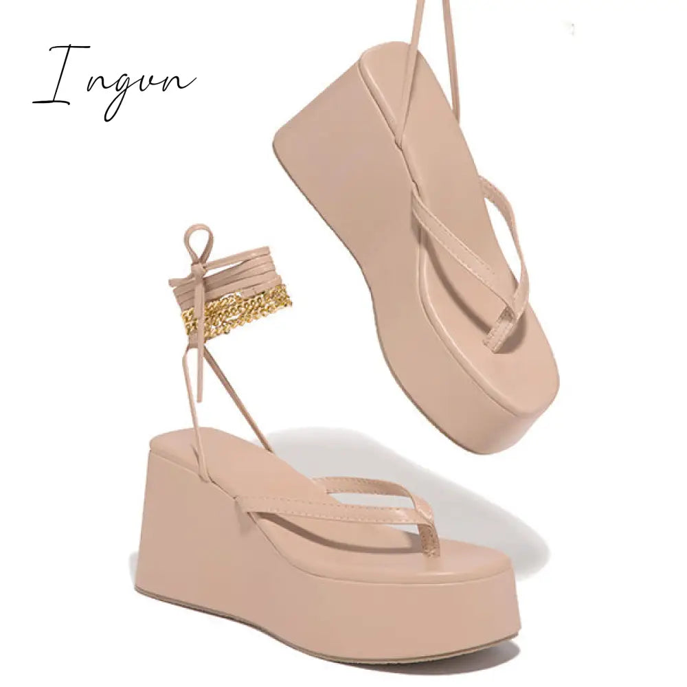 Ingvn - Ankle Chain Lace-Up Thong Entry Wedge Platform Sandals