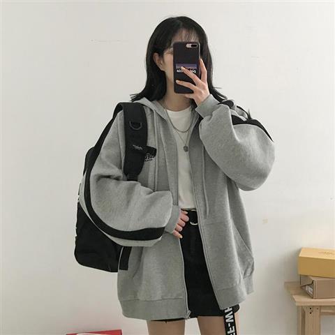 VOGUABLE  Women Hoodies Harajuku Korean Version Zip Up Loose Oversized Sweatshirts Casual Solid Color Long Sleeve Hooded Sweatshirt Coats