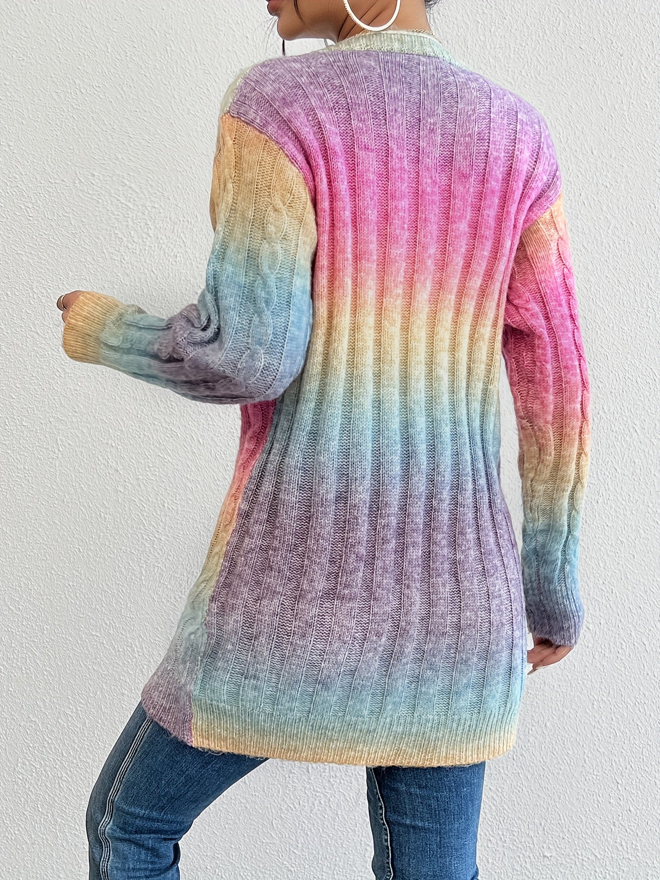 Long Sleeve Ombre Gradient Color Block Cardigan - Soft Micro Elasticity, Loose Fit, V-Neck, Raglan Sleeve, Placket Front - Perfect for Fall and Winter Seasons