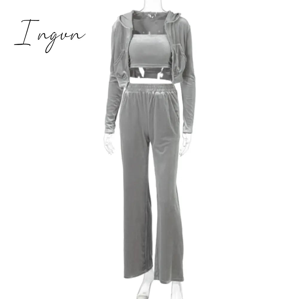 Ingvn - Velvet Women 3 Piece Set Hoodie Sweatshirt Zipper Tube Crop Top High Waist Wide Leg Pants Tracksuit Sporty Casual Outfit