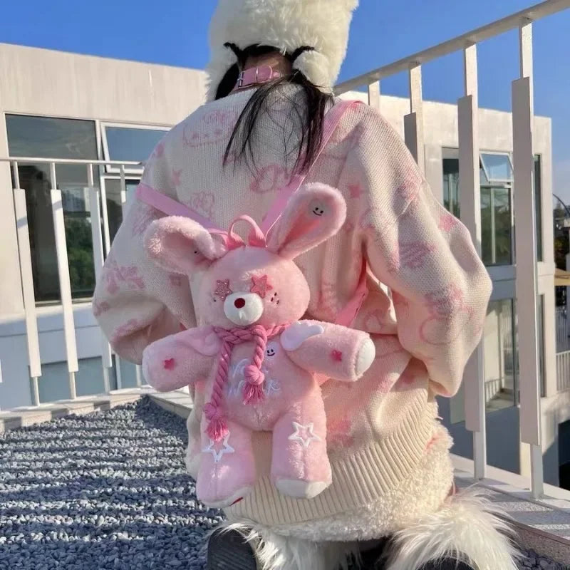 Ingvn  Original Y2k Womens Backpack Pink Plush Bunny Harajuku Fashion Sweet Doll Backpack Student 2024 Casual Cartoon Ladies Bag