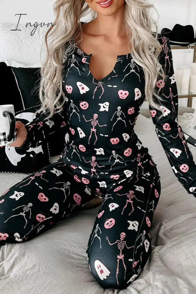 Ingvn - Casual Skull Printing V Neck Long Sleeve Two Pieces