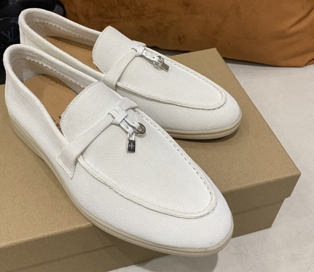 Trend New Kidsuede Women Flat Shoes Lazy Slip-on Metal Loafers Lady Casual Walk Shoes Woman Single Shoes Summer Real Leather