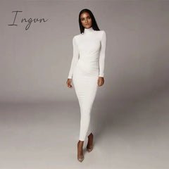Ingvn - Summer New Women's Sexy Tight Hip Over Knee White Solid Long Sleeve High Collar Dresses Ladies 2023