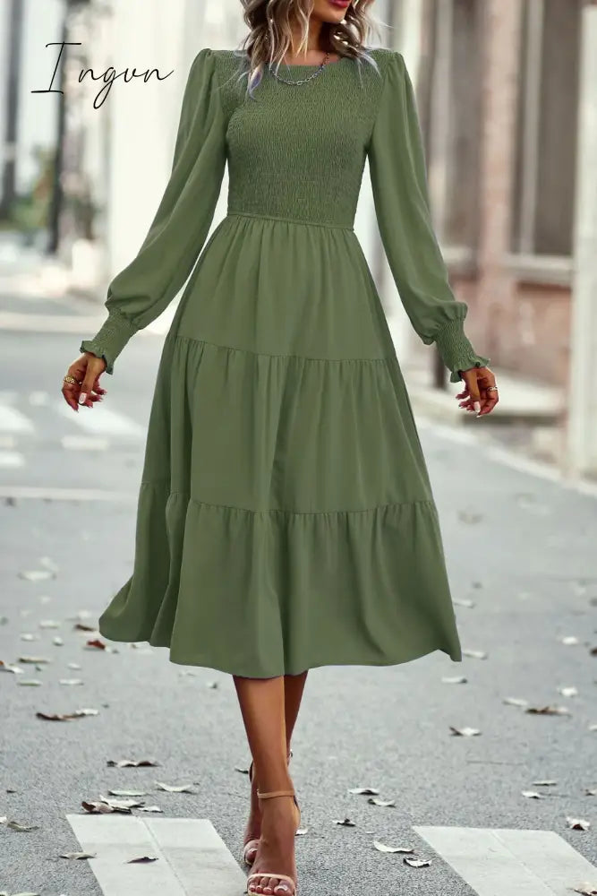 Ingvn - Smocked Long Puff Sleeve Tiered Midi Dress