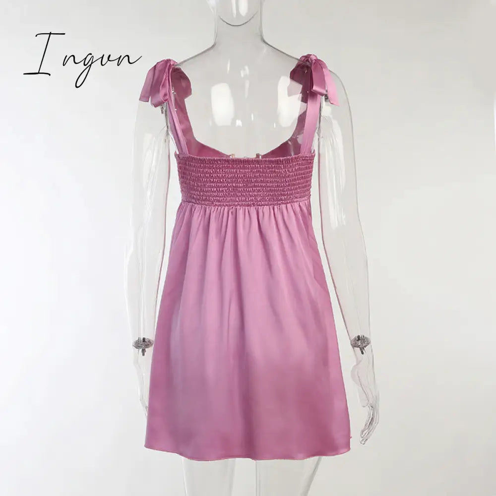 Ingvn - Women Clothing Sexy Temperament Commuter Solid Color Bandage One-neck Dress Spring and Summer New French Satin Mini Skirt
