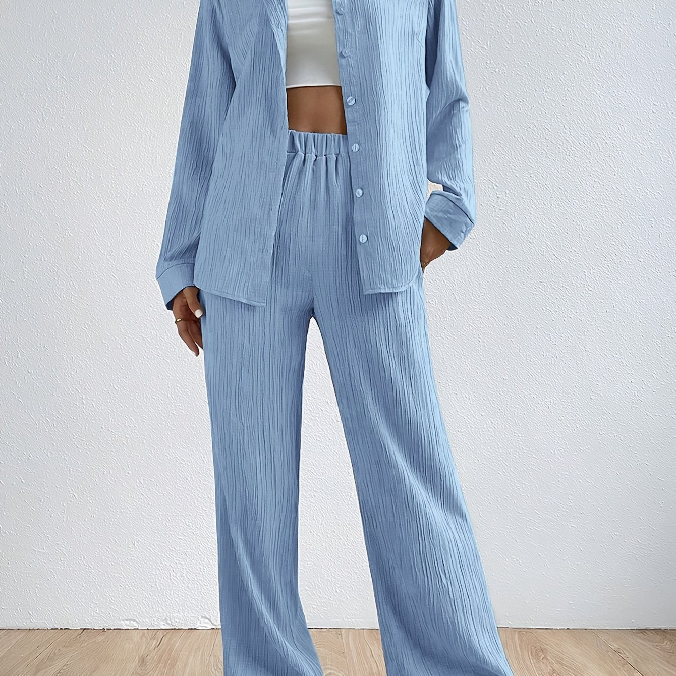 Stylish Solid Color Pantsuits - Women's Clothing - Long Sleeve Button Front Collared Shirt, Elastic Waist Wide Leg Pants, Comfortable Outfits for Daily Wear, Office, Party, and Casual Occasions