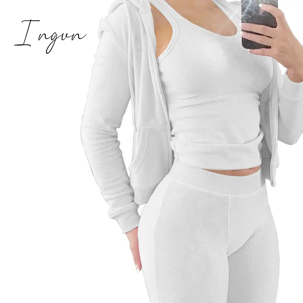 Ingvn - Double Face Fleece Three Piece Set Woman Long Sleeve Vest Hooded Drawstring Sweatpants Winter Sports Jogger Outfits