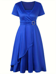 Elegant Skinny Rhinestoned Dress, Asymmetrical Hem Tie Waist Dress For Party & Banquet, Women's Clothing Wedding/Occasion/Engagement/Ceremony/Evening dress