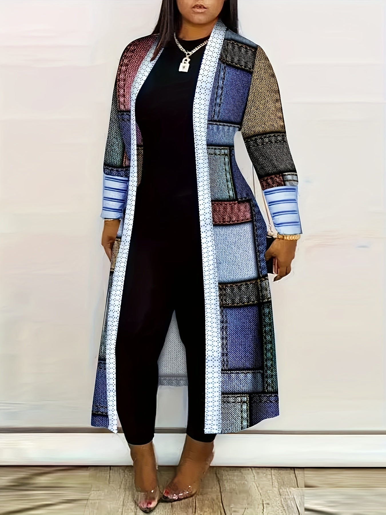 Long Sleeve Colorblock Geometric Print Casual Open Front Cardigan, Women's Clothing