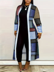 Long Sleeve Colorblock Geometric Print Casual Open Front Cardigan, Women's Clothing
