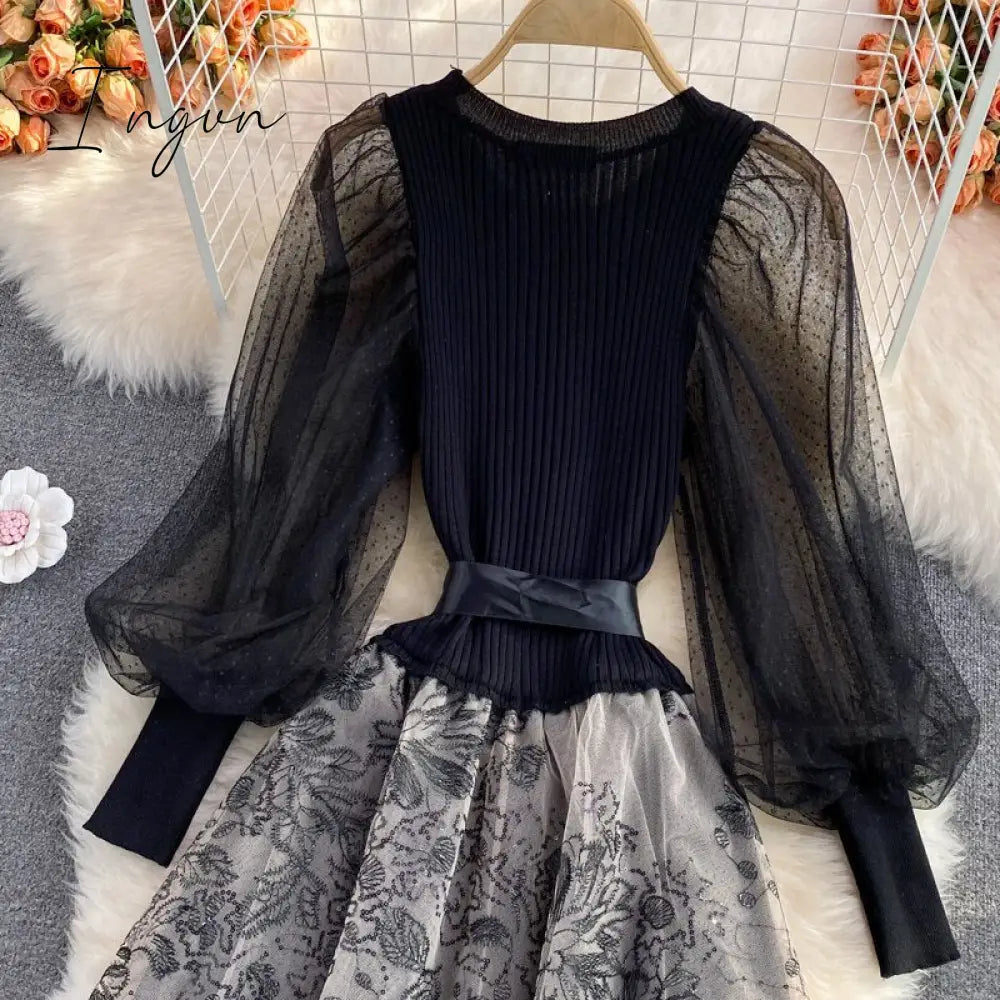 Ingvn - Elegant Mesh Knitted Stitching Dress Women Vintage Puff Sleeve Round Neck A Line Party Dresses Ladies Bandage Printing Dress