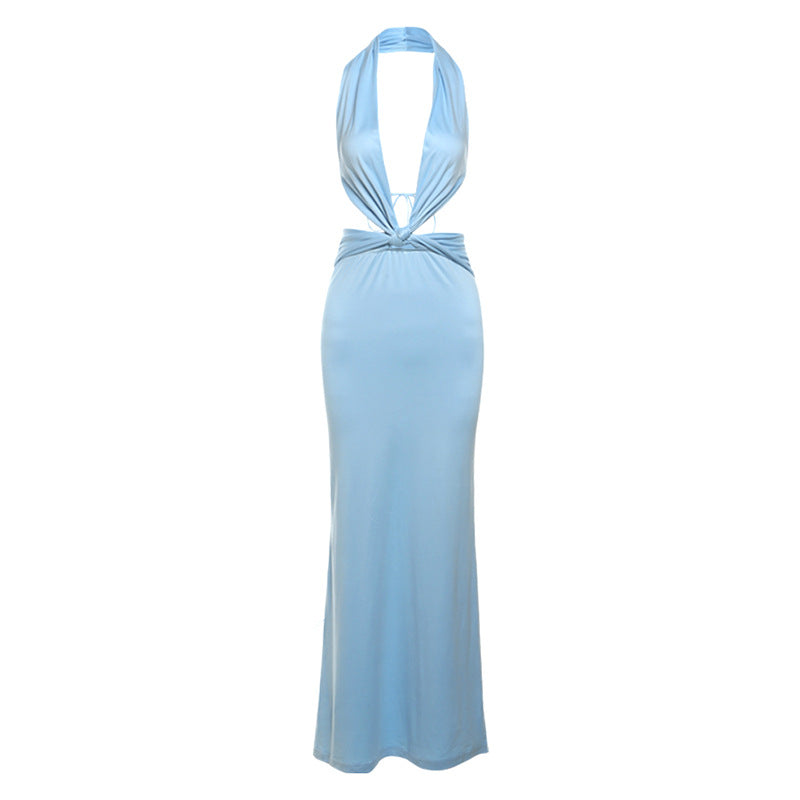 Pphmm homecoming dresses Summer Women's New Fashion Solid Color Fresh Street Deep V Backless Lace-up Halter Dress