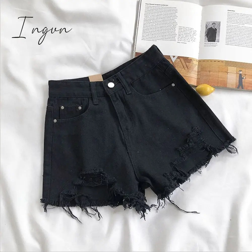 Ingvn - Casual High Waist Denim Shorts Women Summer  Pocket Tassel Hole Ripped jeans Short Female Femme Short Pants Women