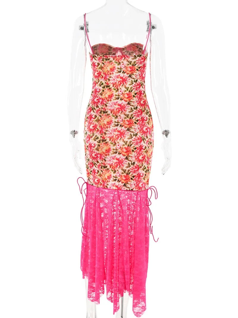 Ingvn  Woman Spaghetti Strap Lace Patchwork Evening Dress Sexy Bandage Floral Printed Backless Bodycon Long Party Birthday Dresses